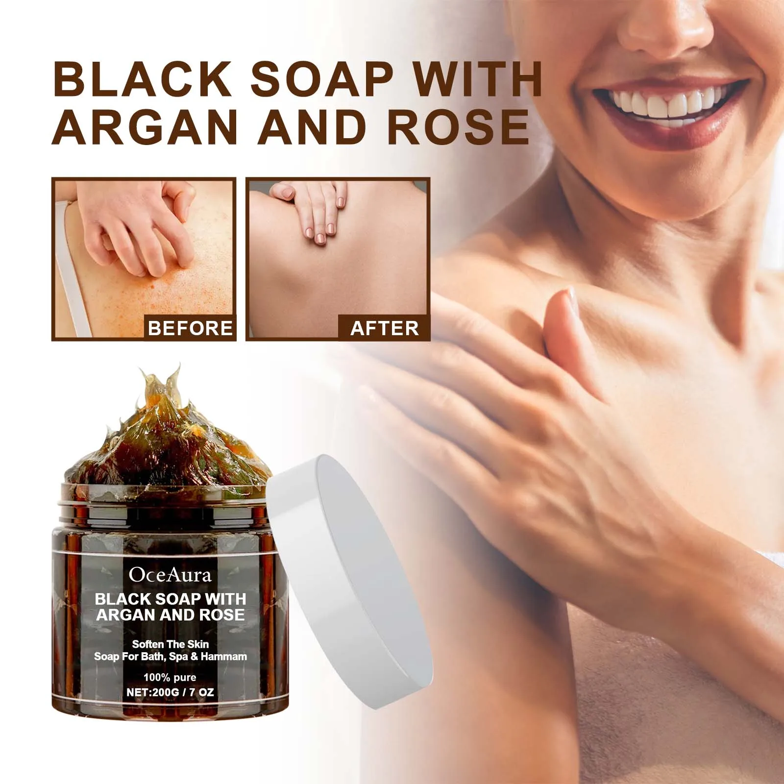 OCEAURA Black Soap With Argan And Rose lack Beldi Soap Ideal For Dead Skin Remover Body Scrub Purifying Deep Cleansing 200g/7 Oz 4