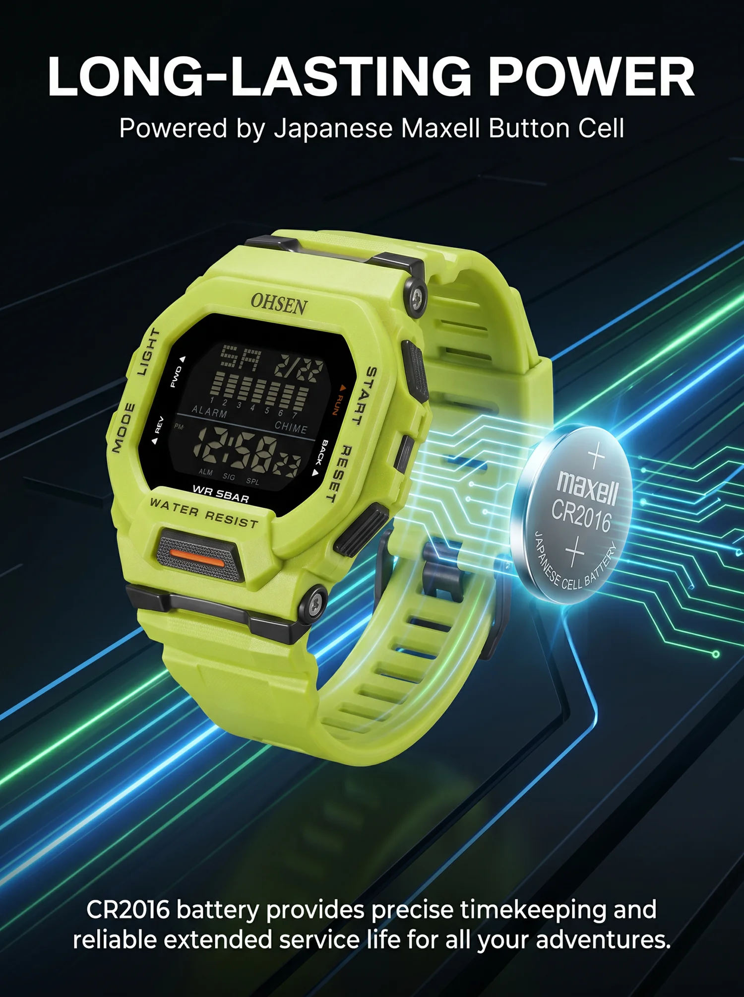 Men's Tactical Digital Sport Watch - 50M Waterproof, Green, Outdoor Electronic Wristwatch Gift
