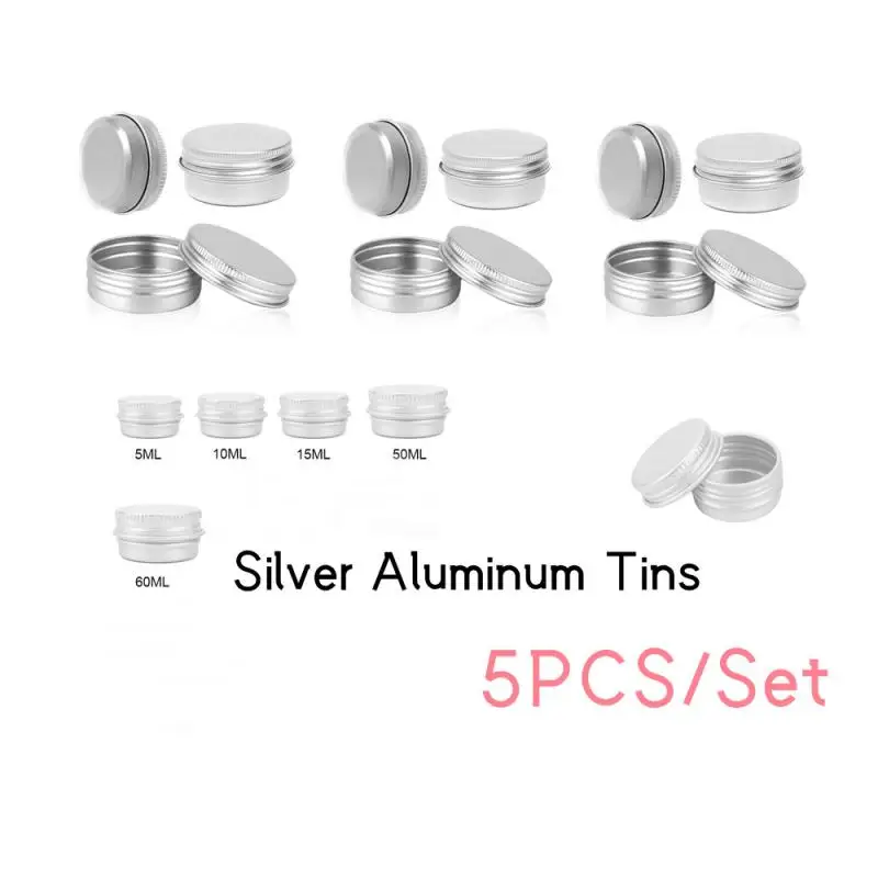 

5Pcs Empty Silver Aluminum Tins Round Cans Lip Balm Container Cosmetic Refillable Bottles Mini Sample Jar Pot Skin Care Tool