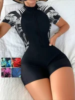 One Piece Floral Swimwear Swim Suit Women Short Sleeve Swimsuit Zip Front Tropical Plant Surfing Sun Protection（No built-in bra