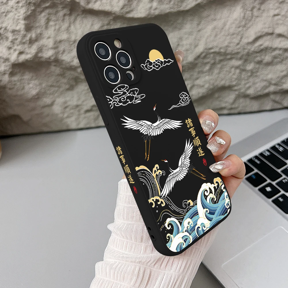 Elegant Chinese Crane Design Soft Phone Case - Straight Edge Cover