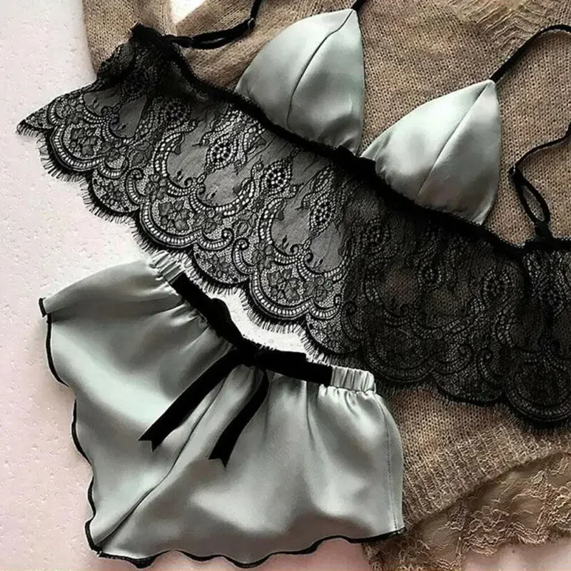 Women Pajamas Set Underwear Sexy Silk Satin Lingerie Crop Tops Bralette&Panty Sets Soft Wear for Girls Tops Briefs Lace Suit