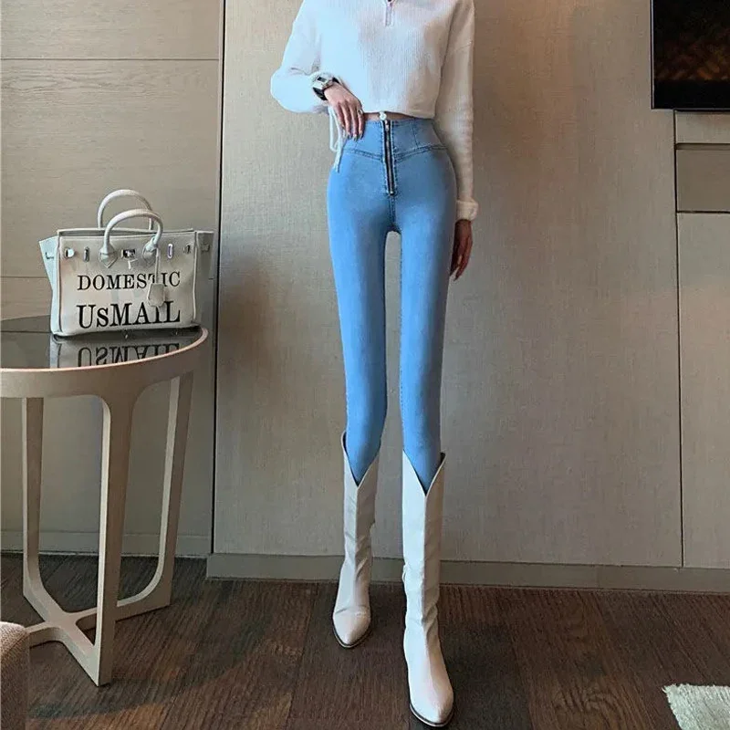 Women Autumn Stretch Skinny Slim Denim Pencil Pants 2024 High Waist Spring Office Ladies Jeans Female Sexy Personality Trousers popular personality tricolor patchwork men s sportswear hooded suit men s trousers two piece autumn and winter hooded sportssuit