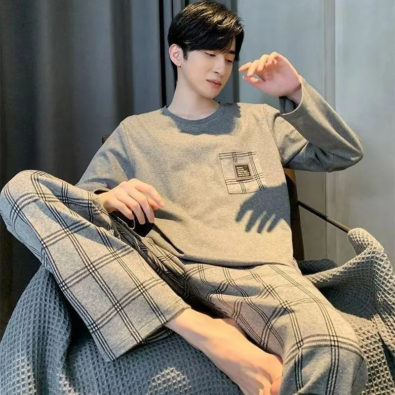 Men Pajamas Spring Autumn Cotton Long Sleeve Youth Large Size Nightclothes Male Round Collar Casual Simple Homewear Suit 2024