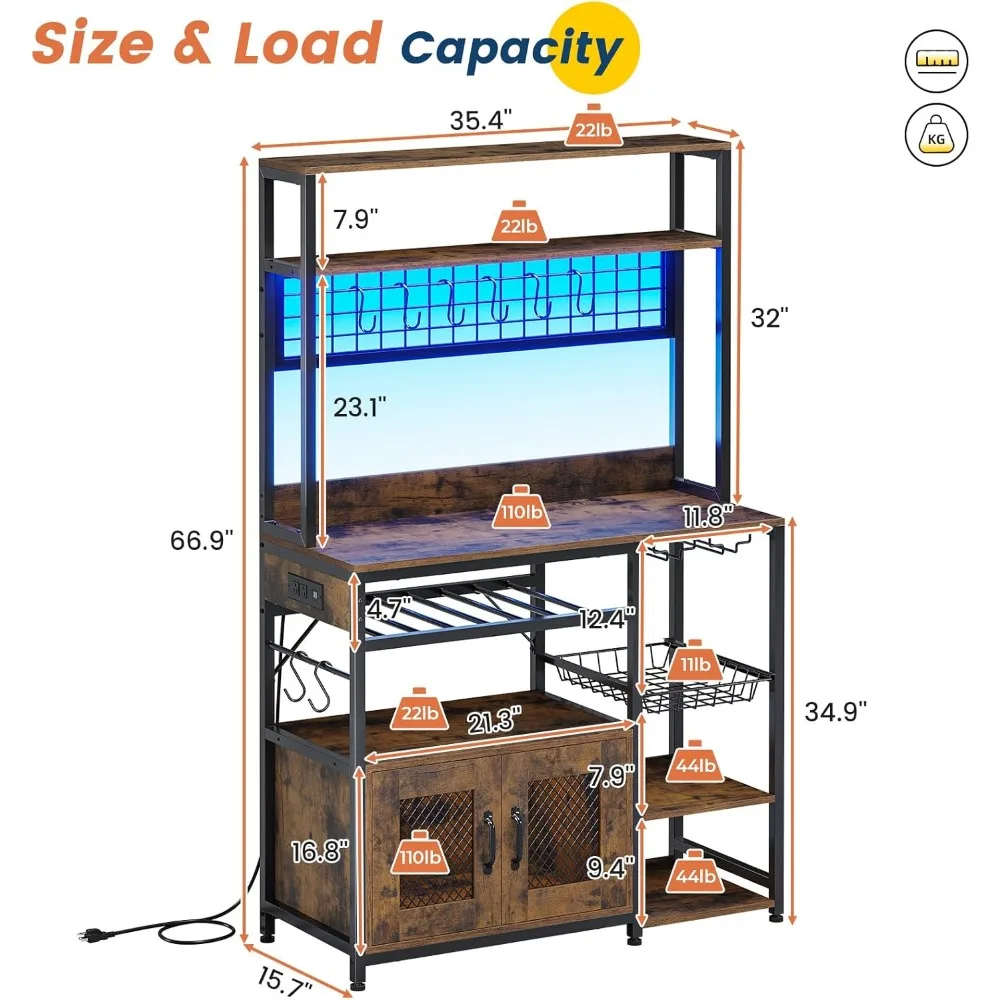 Kitchen Bakers Rack with Storage Shelves, Microwave Stand with Power Outlet and LED Light, Coffee Bar Cabinet Wire Basket Metal 2