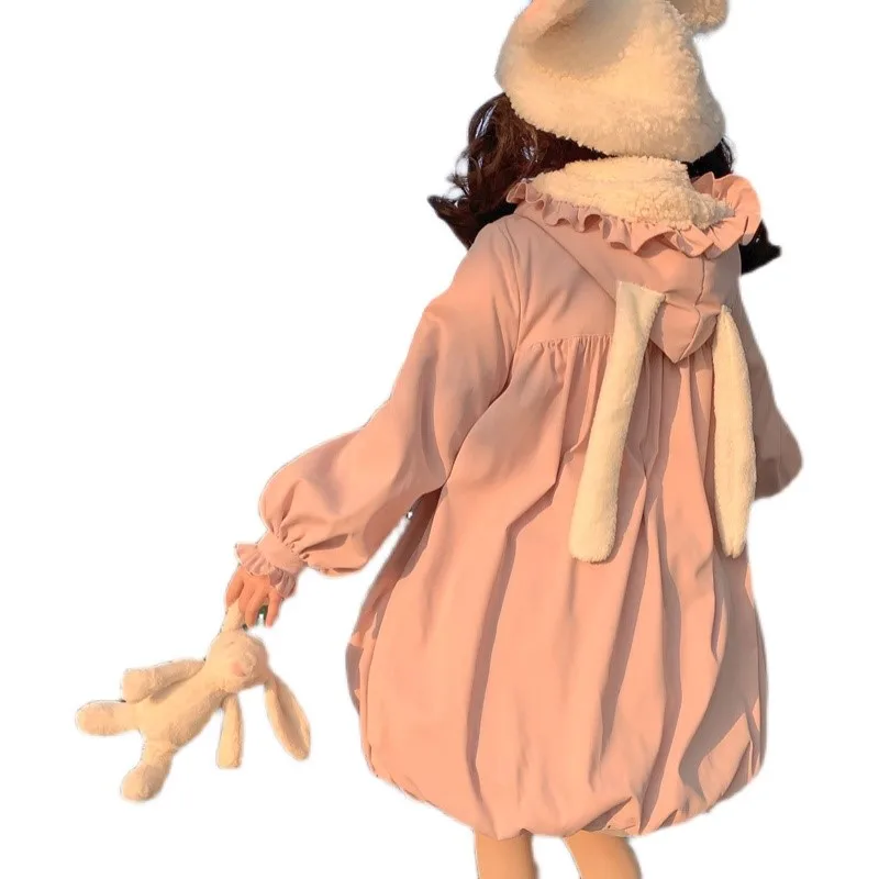 Coat Fleece-Lined Thickened Cotton Clothing Ears Cute Mid-Length Cotton-Padded