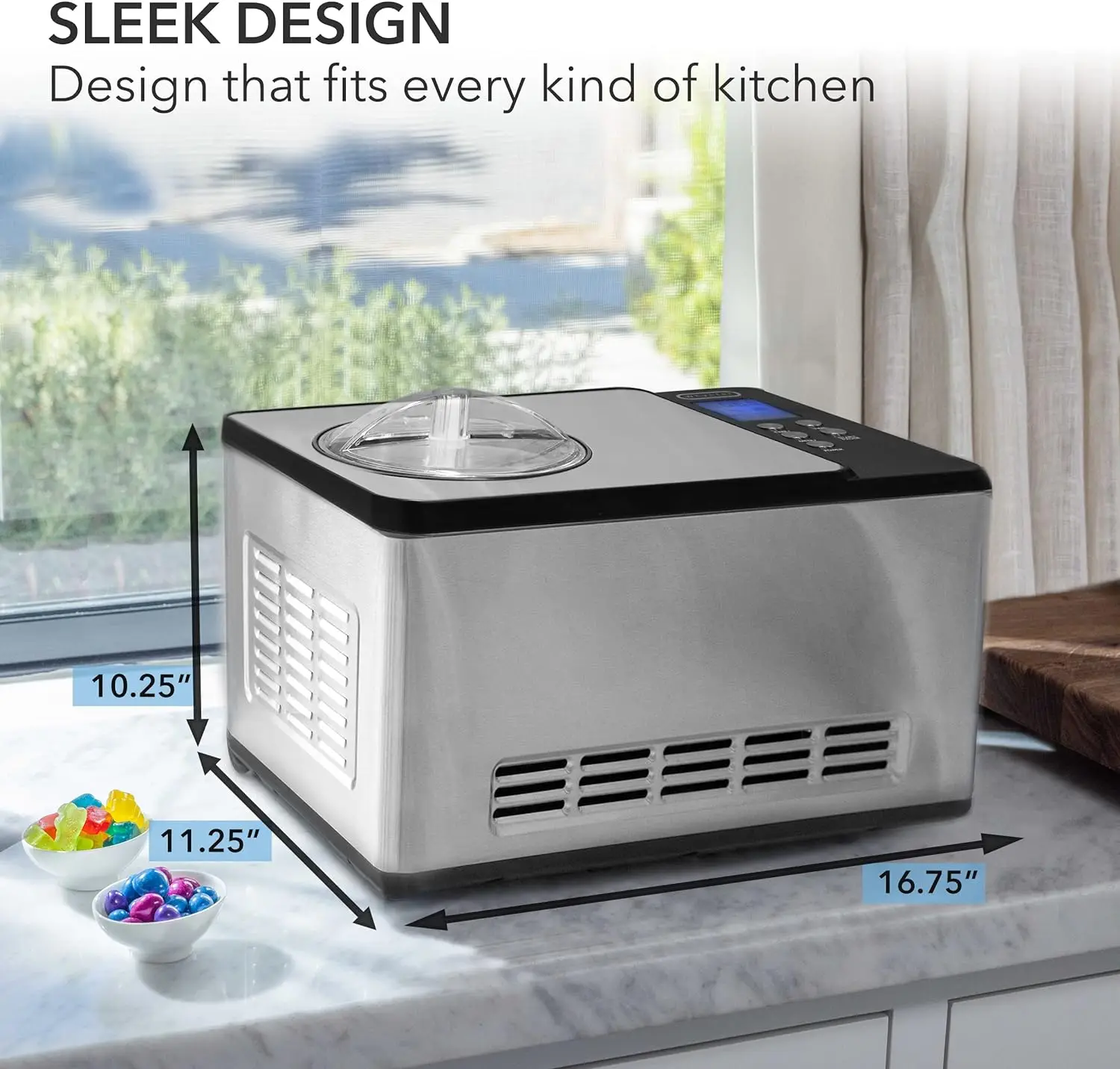 Automatic 2 Quart Capacity Stainless Steel Bowl & Yogurt Function, Built-in Compressor, no pre-freezing, LCD