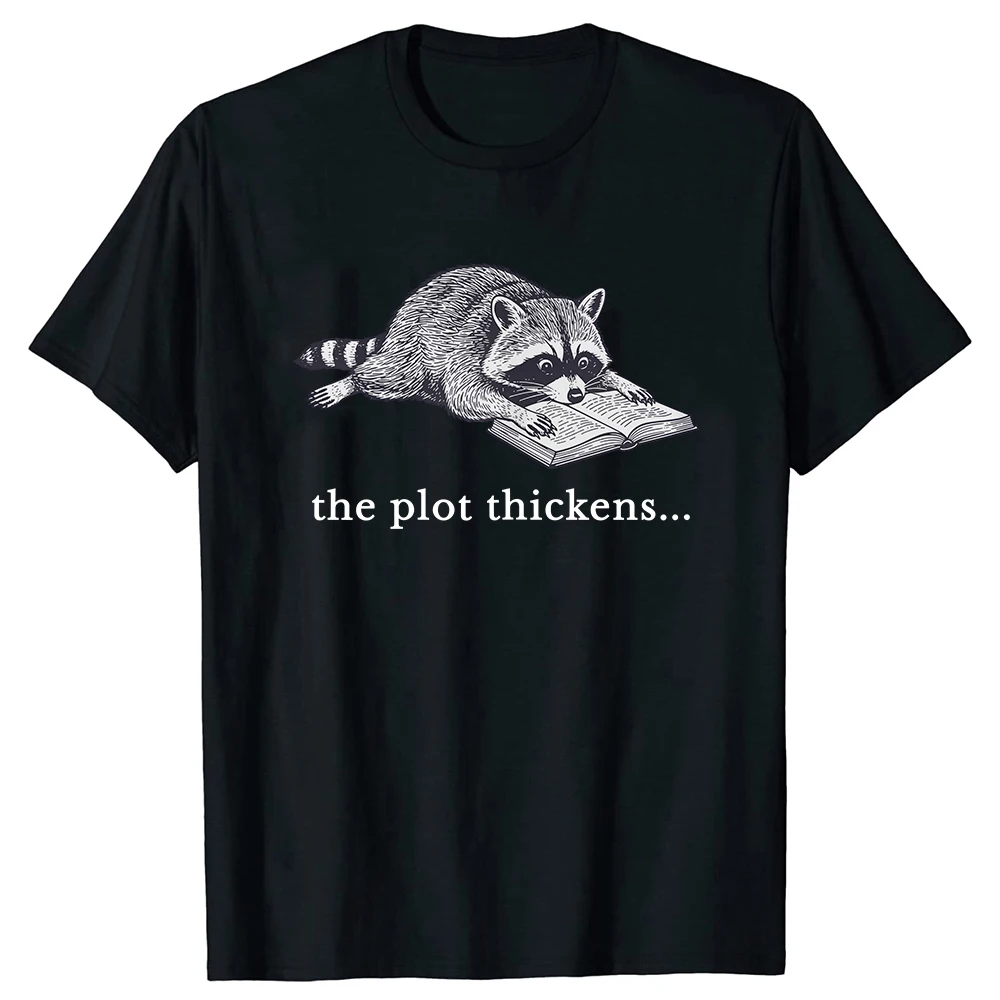 The Plot Thickens Waschbär Buchliebhaber Baumwolle Lustiges T-Shirt Kurzarm Humor Streetwear T-Shirt Locker Sitzende Kleidung für Männer und Frauen