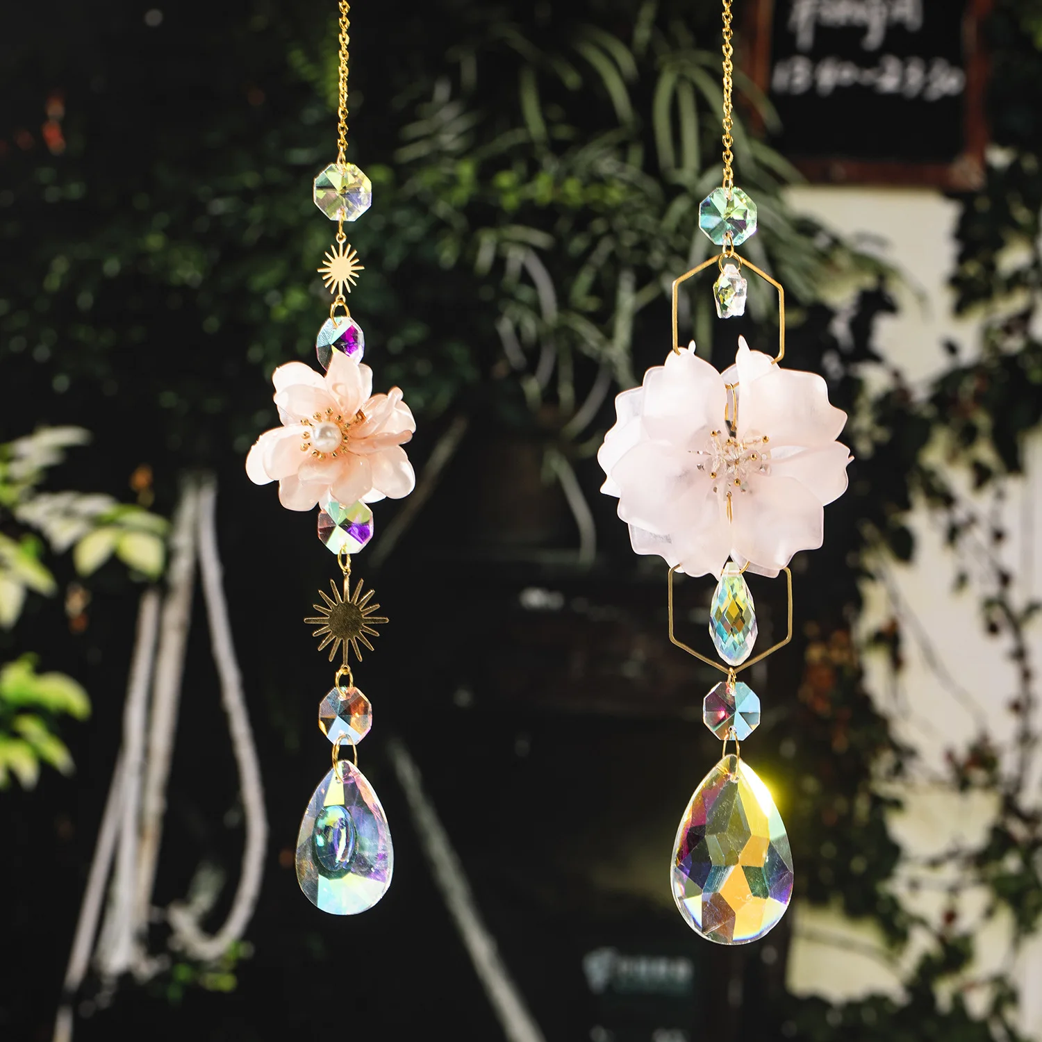 42cm Suncatcher Crystal Rainbow Maker Flower with Pink Stone Home Outdoor Garden Wedding Party Decoration Women Gift sun catcher,sun catchers