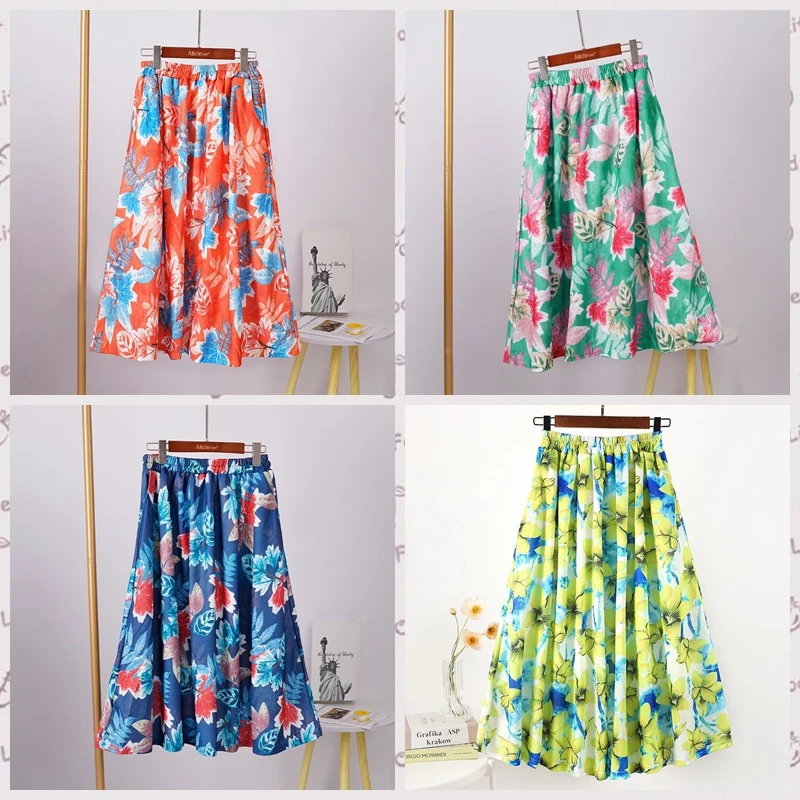 

Sweet Elegant Colorful Maple Print A-line Long Skirts Women Summer Fashion High Waist Skirt Streetwear Beach Boho Midiskirt Sexy