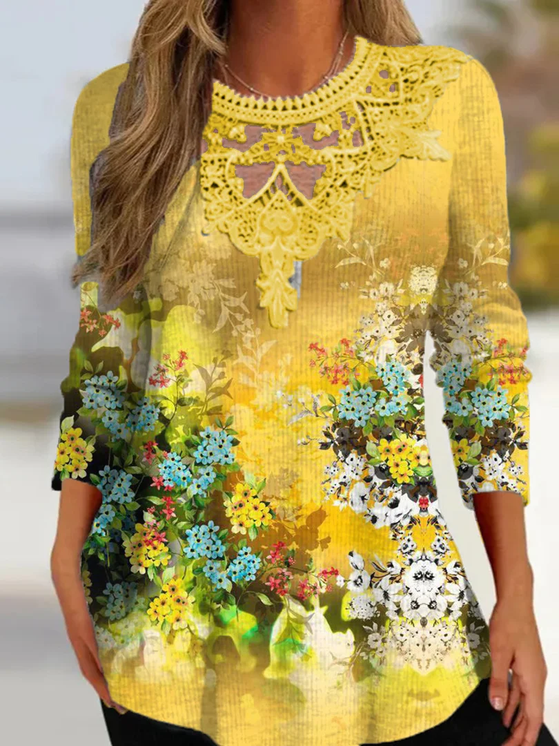 

Plus Size Women Long Sleeve Scoop Neck Floral Printed Graphic Lace Tops