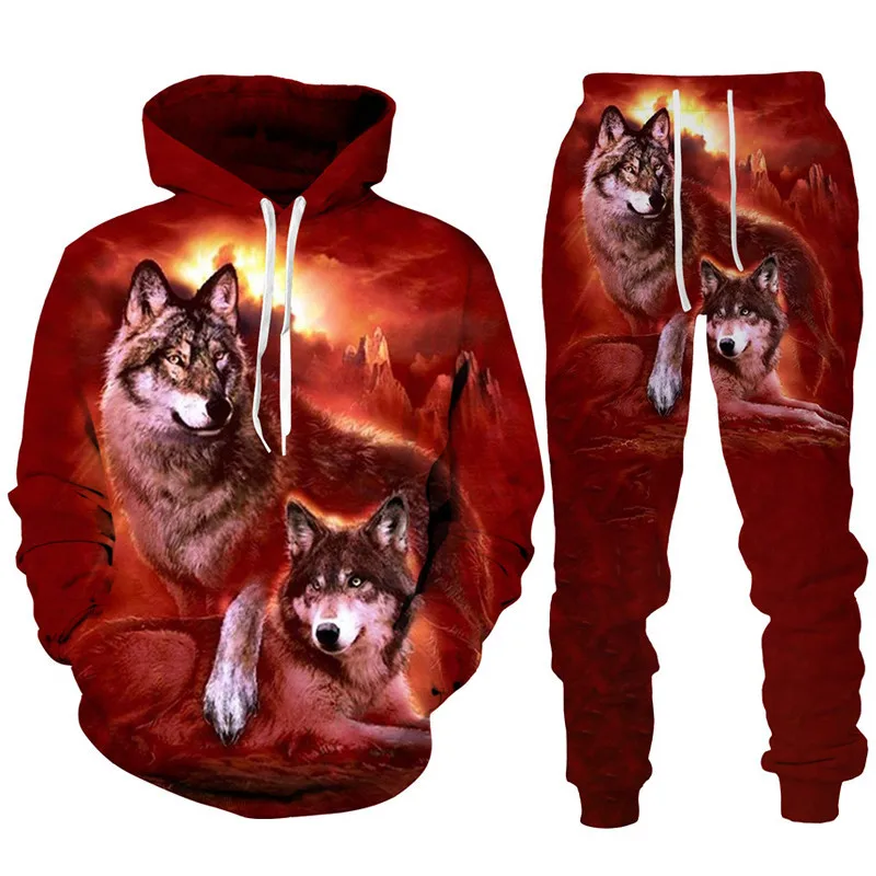 Retro Man Hoodies Sets Animal Wolf 3D Printed Men's Hoodies Pants Suit Harajuku Tracksuit Sportswear Cool 2 Piece Clothing Set 2