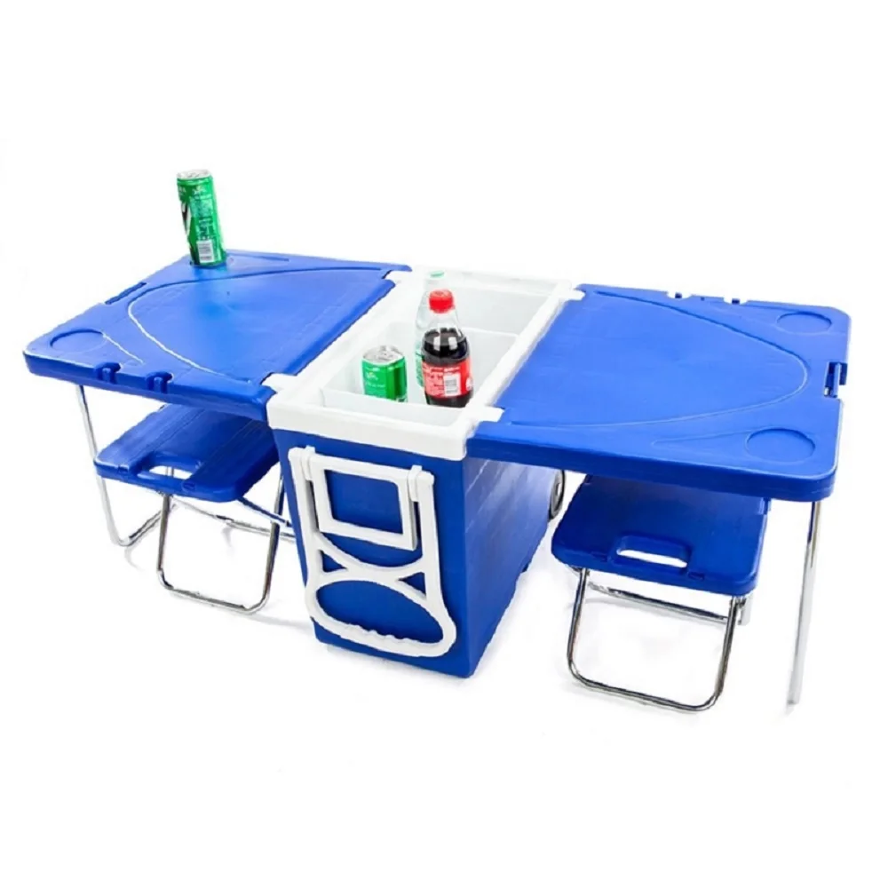  Cool Box con ruedas, mini-nevera, calentador de mesa plegable  multifuncional para exteriores, mesa, 2 sillas, 28 L, hace 8 horas, azul :  Todo lo demás