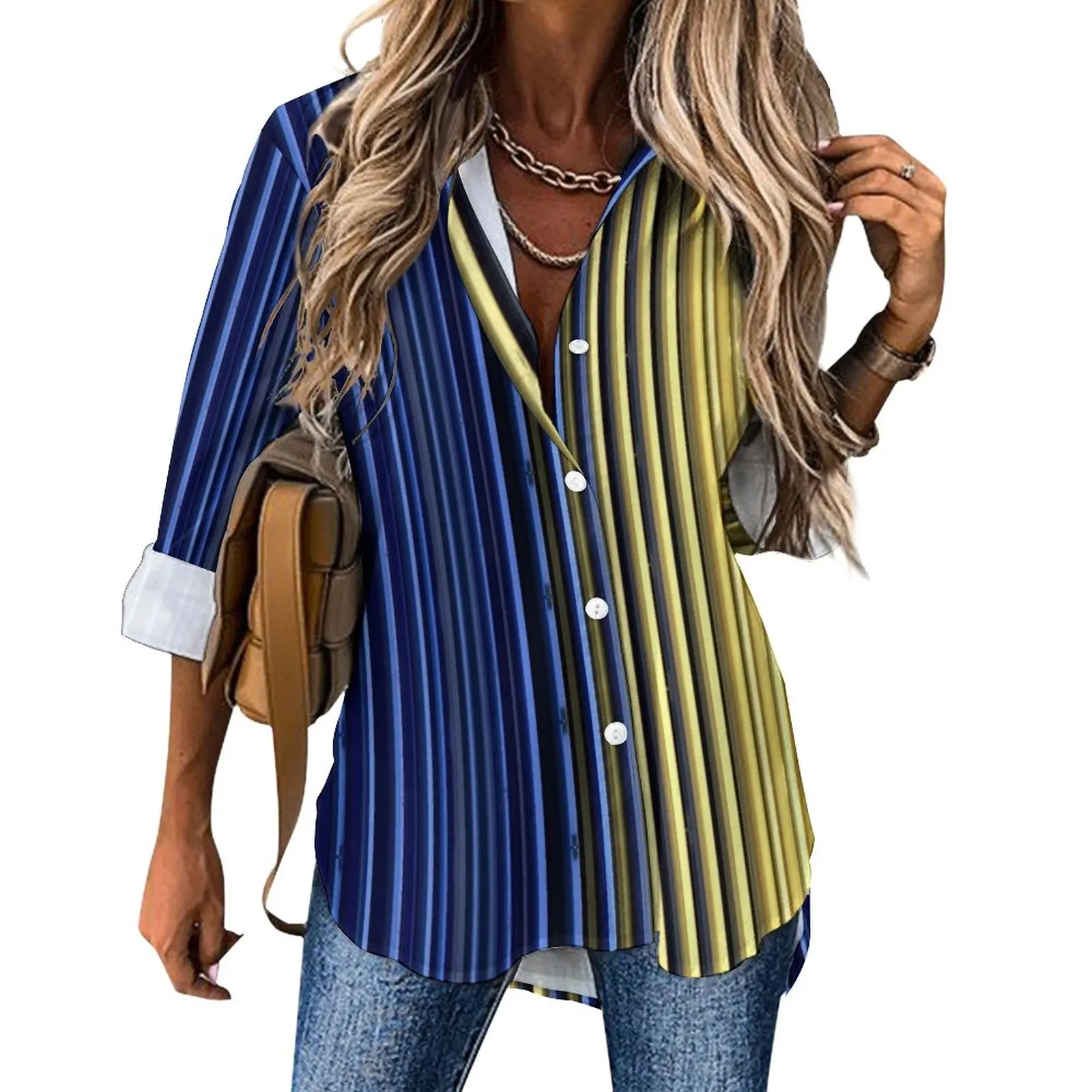 

Повседневная Блузка в желтую и синюю полоску, двухцветные офисные блузки с принтом, женские свободные рубашки с длинным рукавом, летняя одежда большого размера