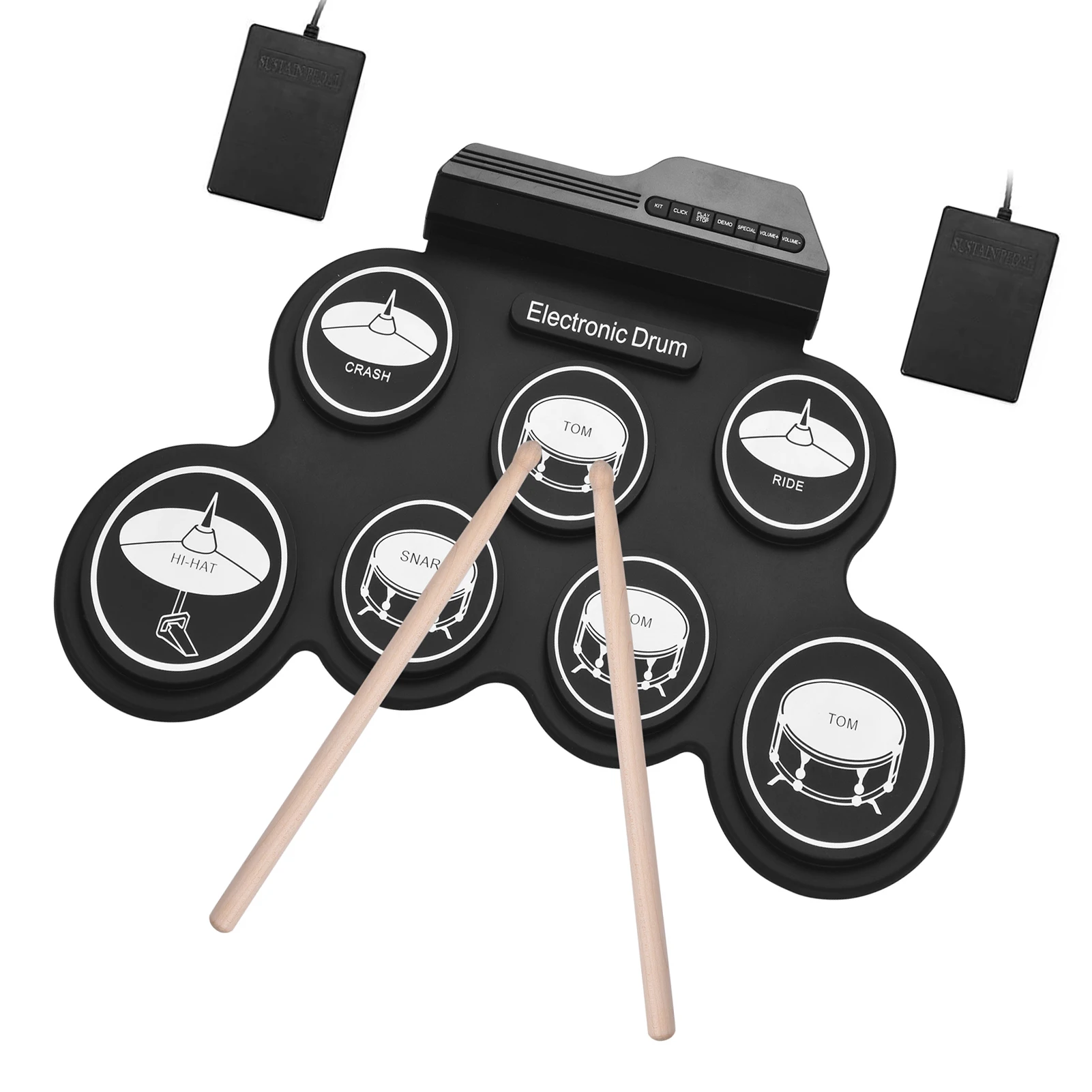 S84fd092e5d5c43c0a885c5386826d2fd7 Electronic Drum Kit USB Roll-Up Silicon Drum Set Digital 7 Drum Pads with Drumsticks Foot Pedals for Beginners Children Kids Mallzona