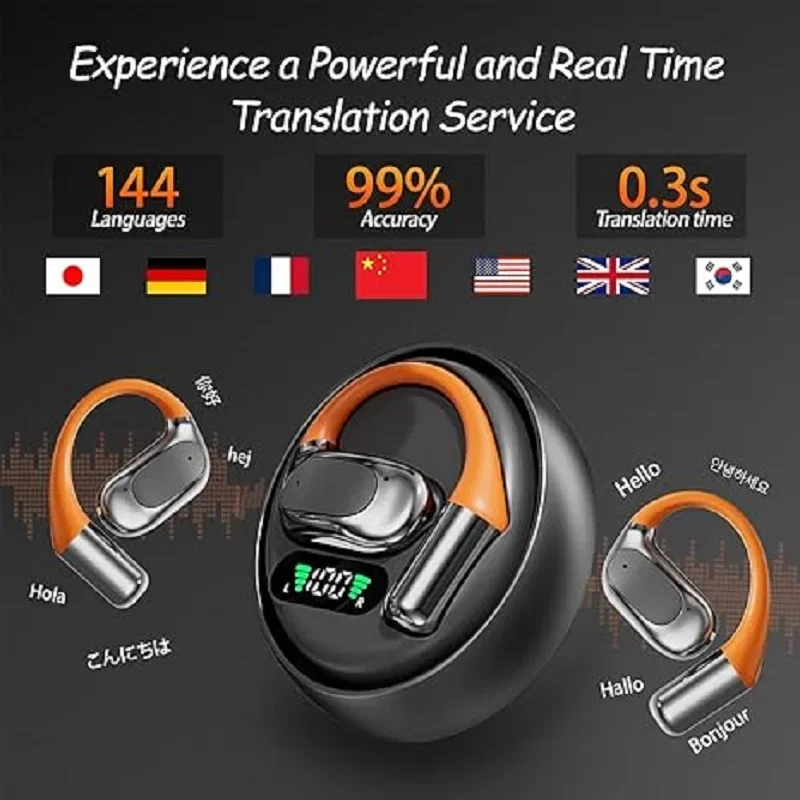 Wireless Translator Headset 144 Languages Real Time AI Translation Bluetooth Earphone Clip On Design for Worldwide Travel