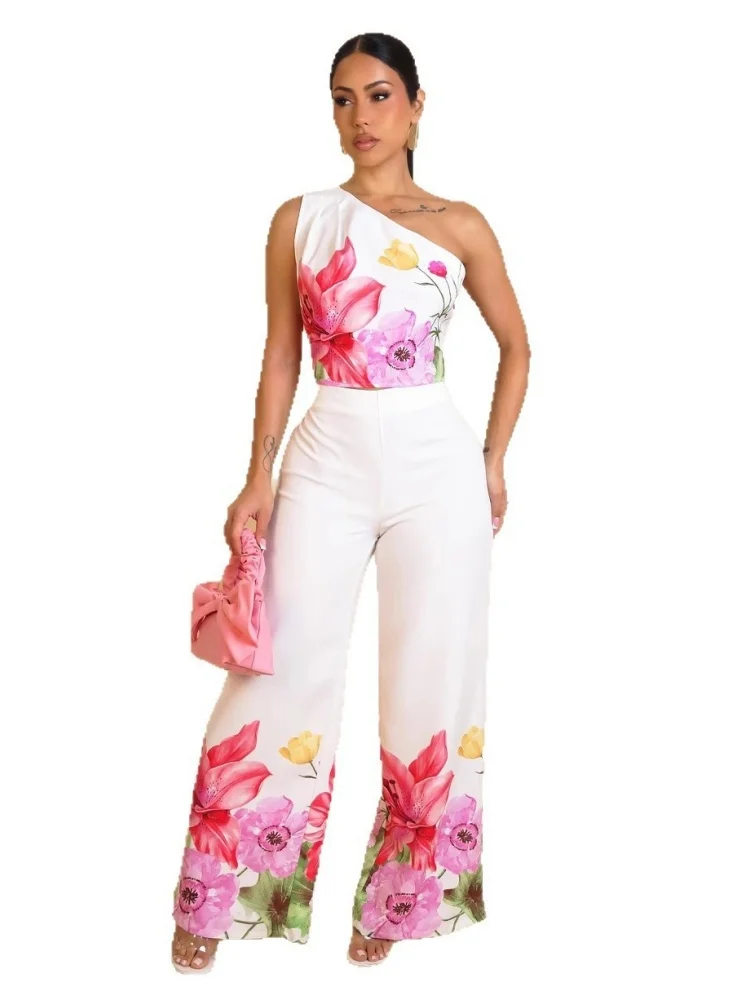 Wmstar Two Piece Sets Women Wholesale Elegant Stretch Wide Leg Off Shoulder Floral Print Pants Sets Matching Suit Dropshopping
