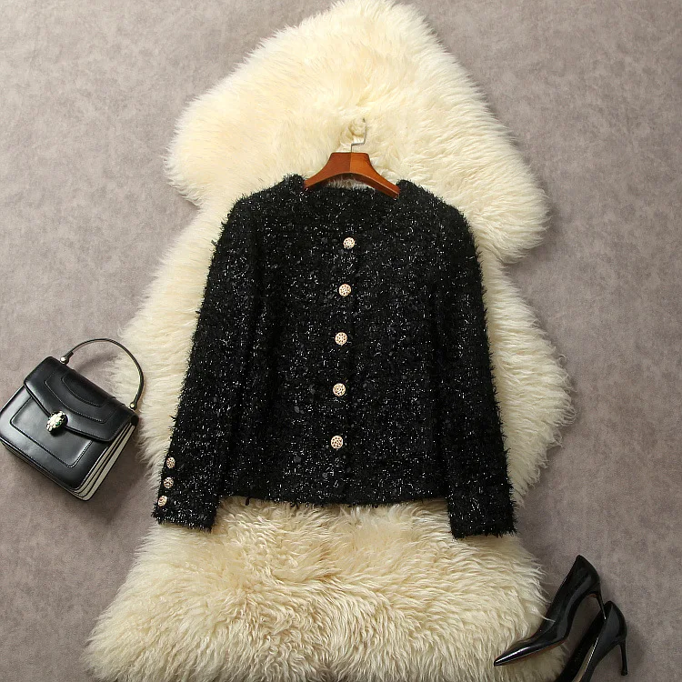 

European and American women's dress 2023 winter new Round neck Long sleeve single breasted black fashion The tweed jacket