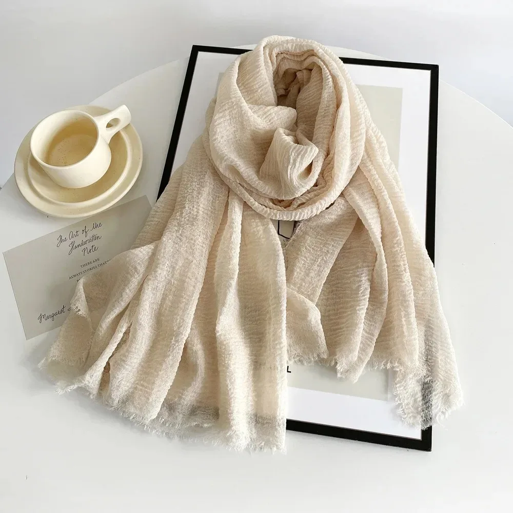 Black White Crinkle Cotton Hijab Light Soft Solid Scarf Wrap Shawl Women Musulman Headband Islamic Turban Tassels Scarves 6