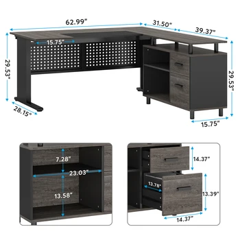 Tribesigns 63 Inch Executive Desk with File Cabinet, Large Office Desk L Shaped Computer Desk with Drawers and Storage Shelves 5