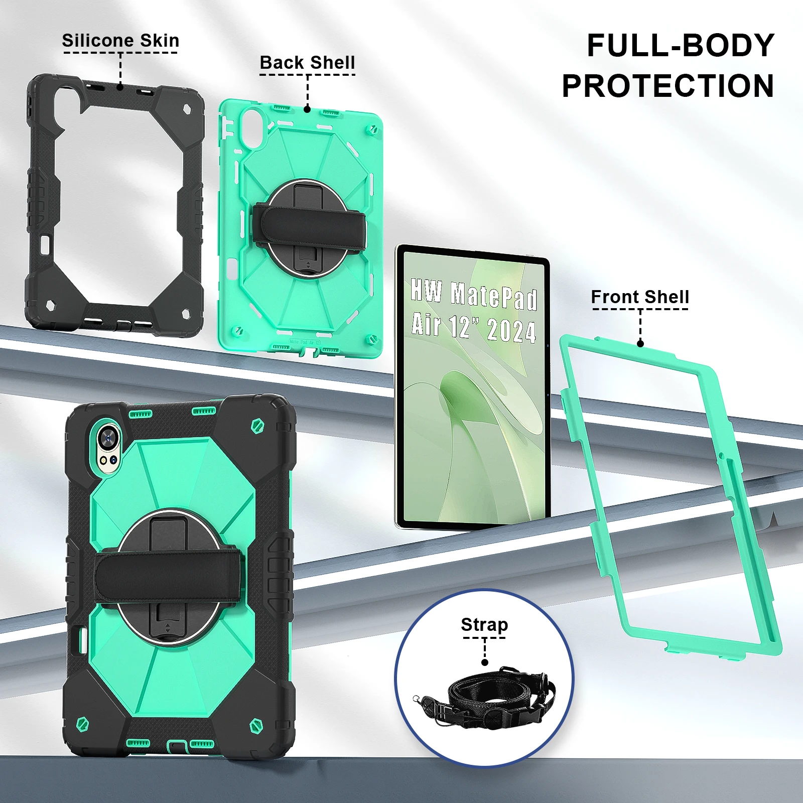 Heavy Duty Universal Tablet Case with 360° Rotating Stand and Anti-Slip Hand & Shoulder Strap