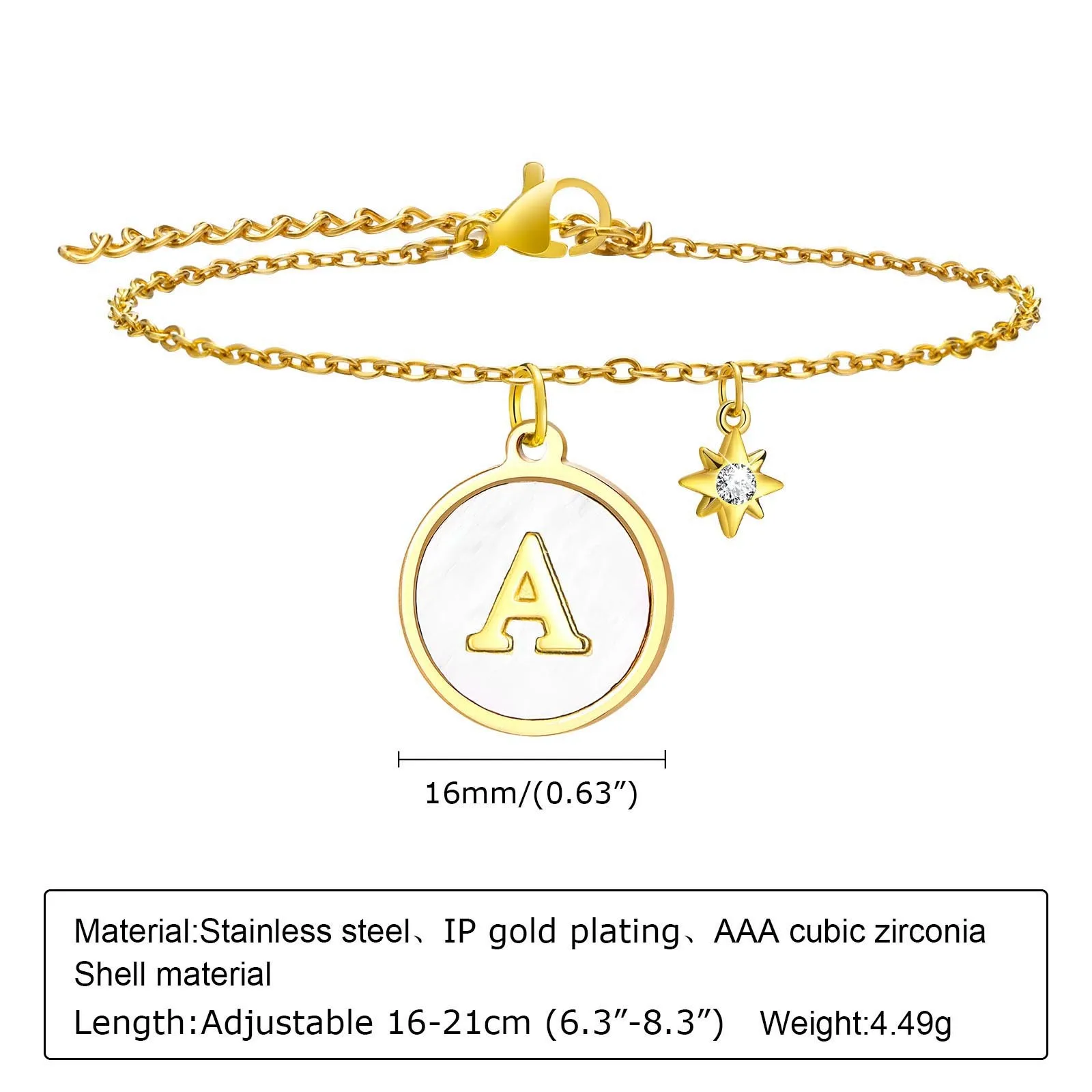 Vnox Initial Bracelets for Women, A-Z 26 Letters Alphabet Coin Charm Bracelets, Gold Color Stainless Steel Star Wristband