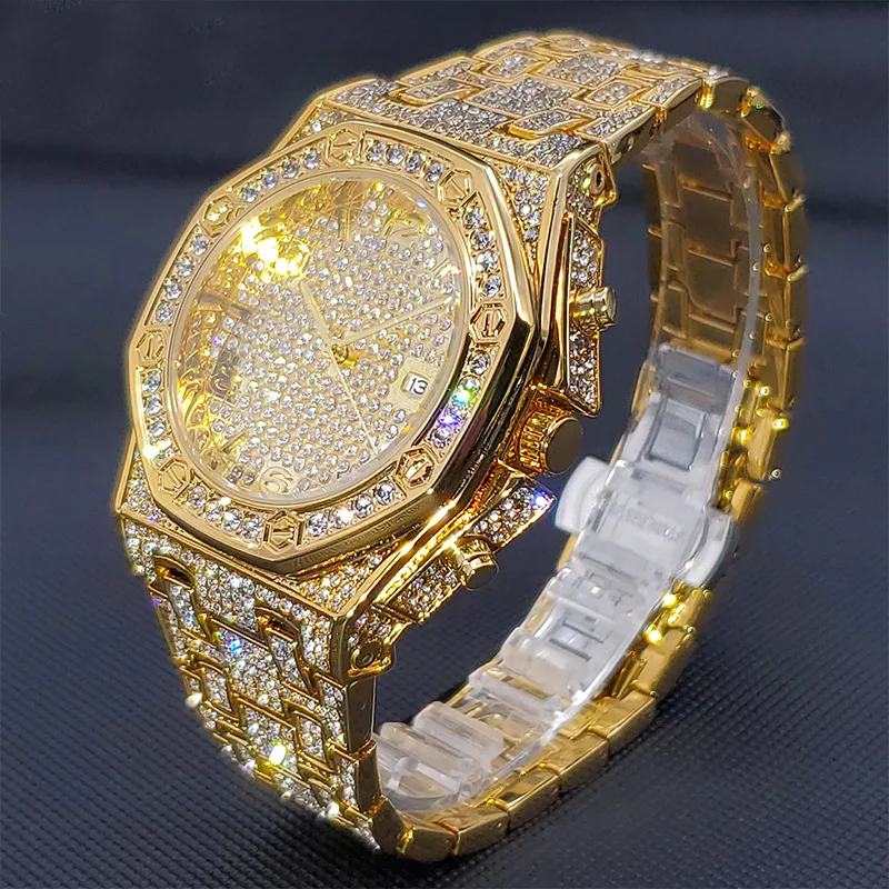 Men Watch Luxury Diamond WristWatch Waterproof Japanese Movement Big Dial Steel Band Hip Hop Rhinestone Gold Gift for Men Clock jt1301a 38x38cm wrought iron wall clock creative round silent metal clock with rhinestone flower decorated for living room bedroom black