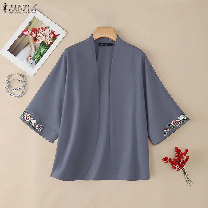 2026 Sommer-Cardigan ZANZEA Damen Vintage Urlaubs-Kimonos 3/4 Ärmel Bestickte Bluse Damen-Arbeitshemd Lässige Oberteile Dünne Mäntel – Detail 10