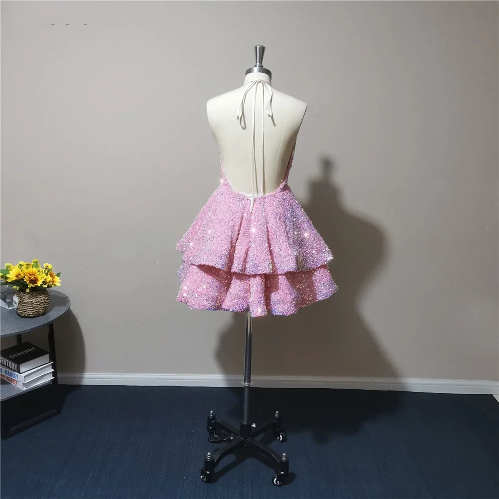 Sexy Backless Sink Miniskirt Deep V-neck Sleeveless Sequins Cocktail Dress Layered vestidos de fiesta elegantes para mujer