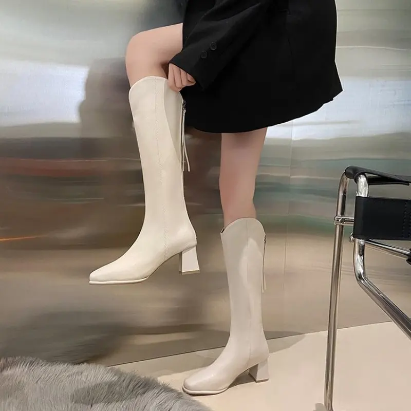 2023 Knee High Boots Women Fleece Chunky High Heels Back Zipper Thigh High Boots PU Leather Shoes Fashion Winter Long Boots New