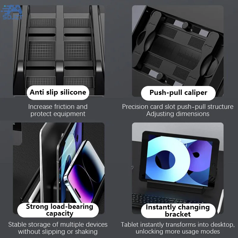 이중 슬롯 조절식 수직 노트북 스탠드 ABS 플라스틱 4in 1 디자인 맥북 크롬북 서피스 HP 델 북 아이패드용 공간 절약