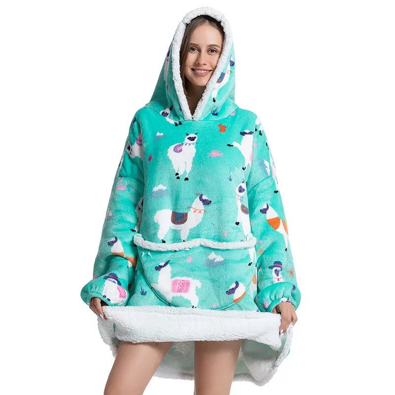 

Women Flannel Blanket with Sleeves Nightdress Pajama Winter Hoodies Sweatshirt Pullover Giant TV Blanket