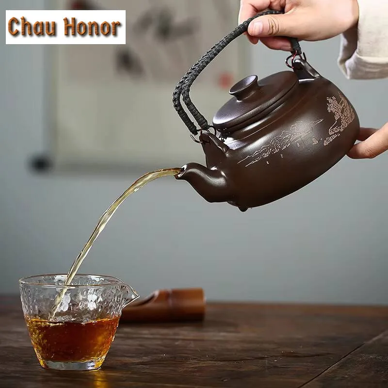 770ml Authentic Yixing Raw Ore Purple Clay High Capacity Loop-handled Teapot  Handmade Sculpture Landscape Chinese Kungfu Teaset