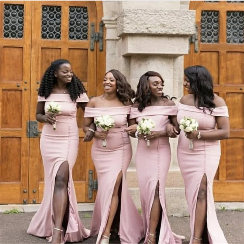 

Pink Bridesmaid Dresses Boat Neck Off The Shoulder Side Slit Silk Satin Pleated Mermaid Bridesmaid Gowns With Lace Up Back
