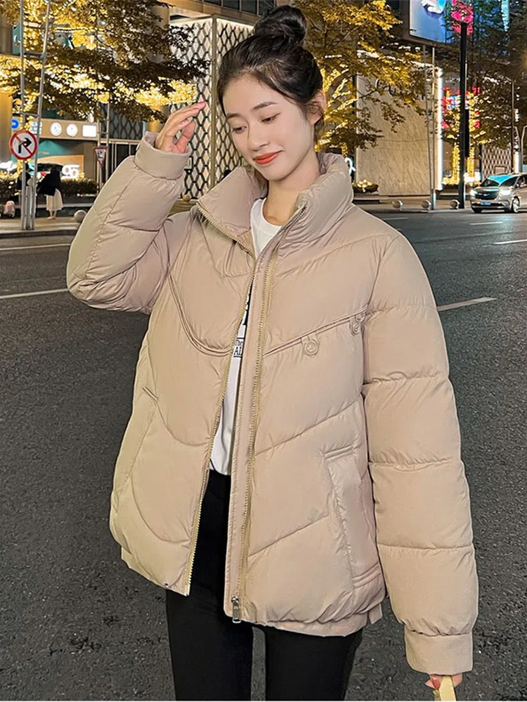 2024 Winter Overcoat Short Coat Women Parka Down Cotton-padded Jacket Stand-up Collar Outwear Student Loose Thicken Warm Coats 2024 new winter parka coat women thicken fleece warm overcoat fur collar hooded windproof coat female short cotton padded jacket