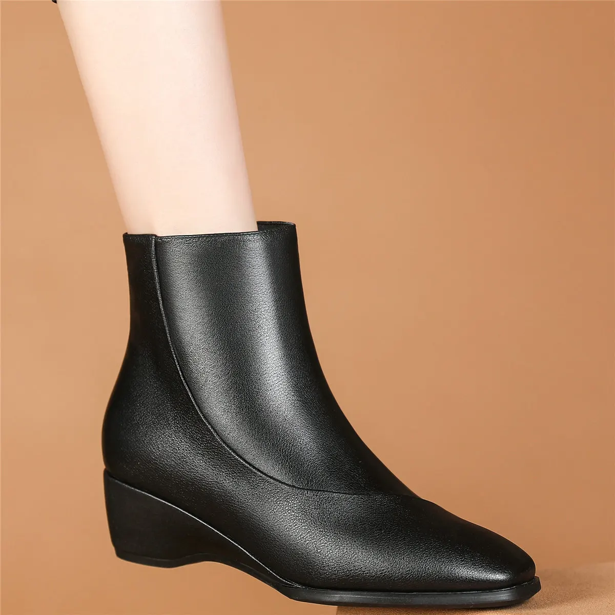 

High Top Fashion Sneaker Women Genuine Leather Wedges High Heel Ankle Boots Female Winter Square Toe Platform Pumps Casual Shoes