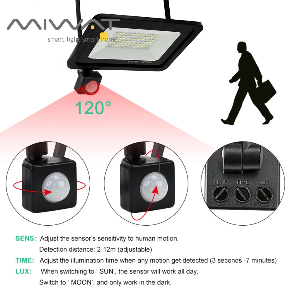 Projecteur LED à détecteur de mouvement PIR, projecteurs étanches extérieurs, réflecteur mural, éclairage extérieur, 100W, 50W, 30W, 20W, 10W