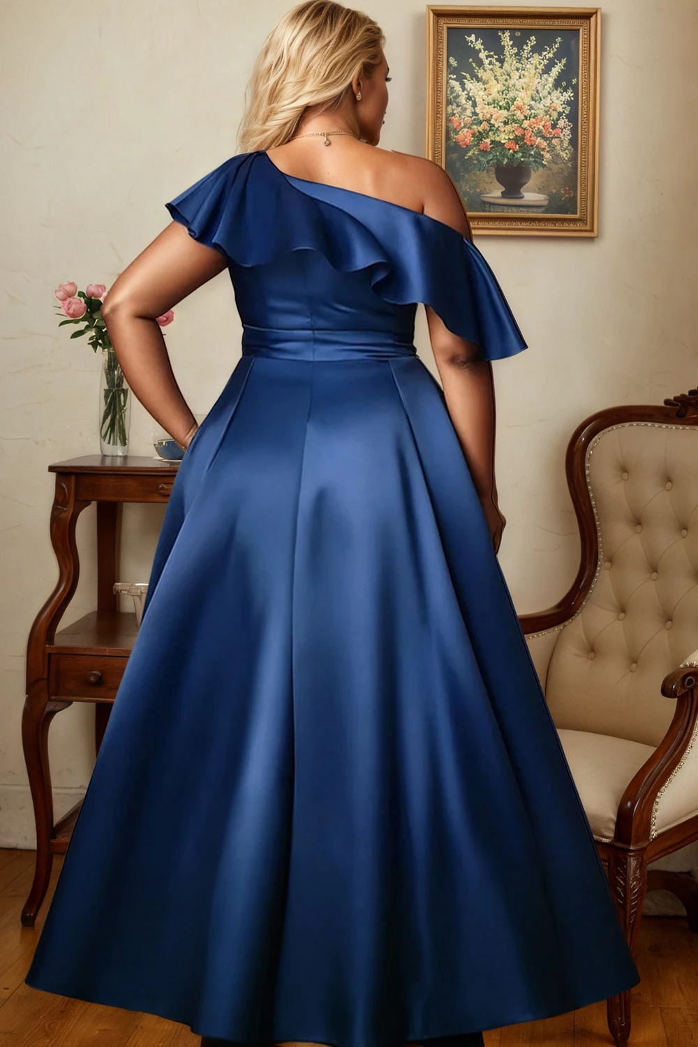 فستان ماكسي نسائي أنيق من الساتان مقاس كبير مكشكش...