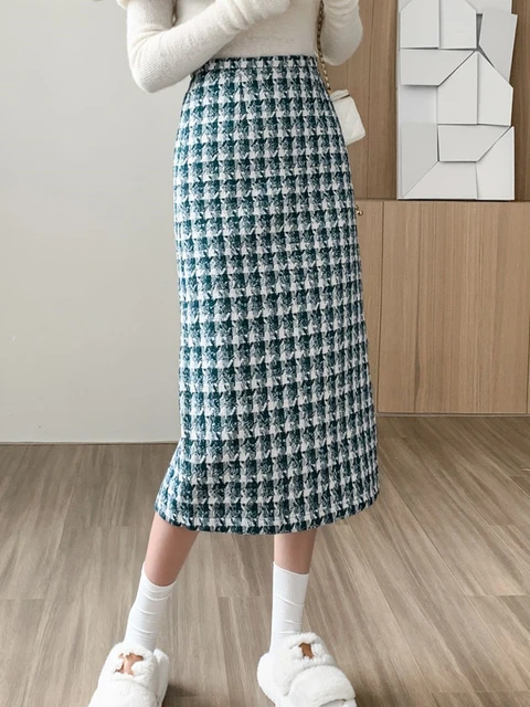 Smthma Korean Winter Women Elegant Houndstooth Midi Skirts High