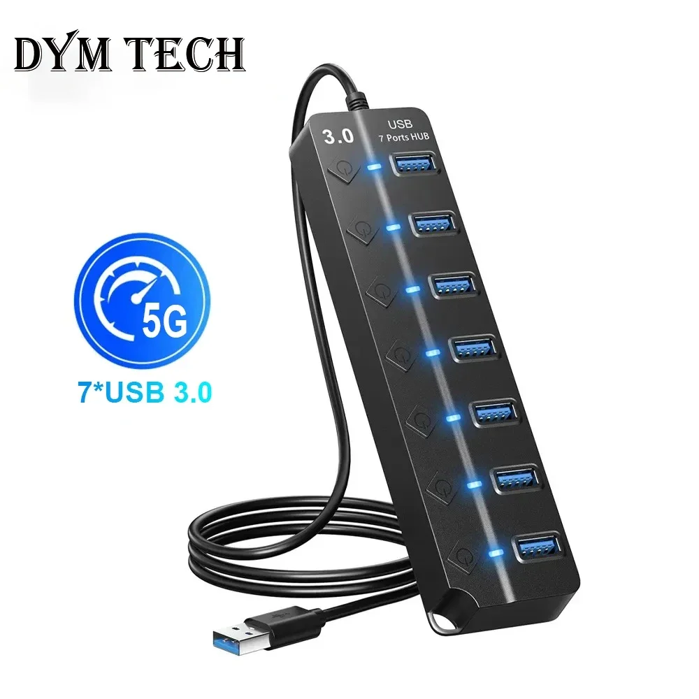 USB 허브 3.0 멀티프라이즈 USB 고속 분배기, 7 포트, 5Gbps 허브 전원 어댑터, 스위치 긴 케이블, 다중 확장기 허브 
