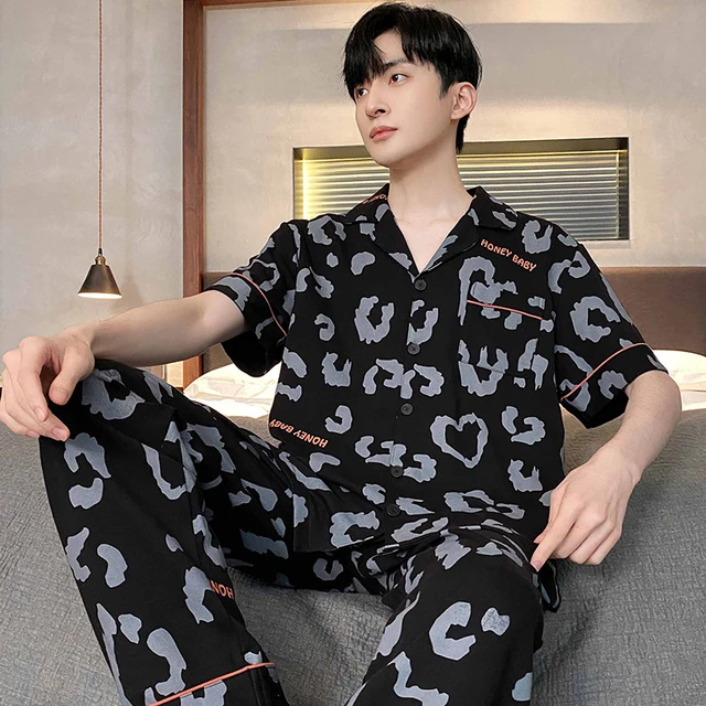 2 Pieces Set Men's Summer Cotton Pajamas Set Short Sleeping Tops Pants  Sleepwear Male Casual Nightwear Pijama pyjama night cloth - AliExpress