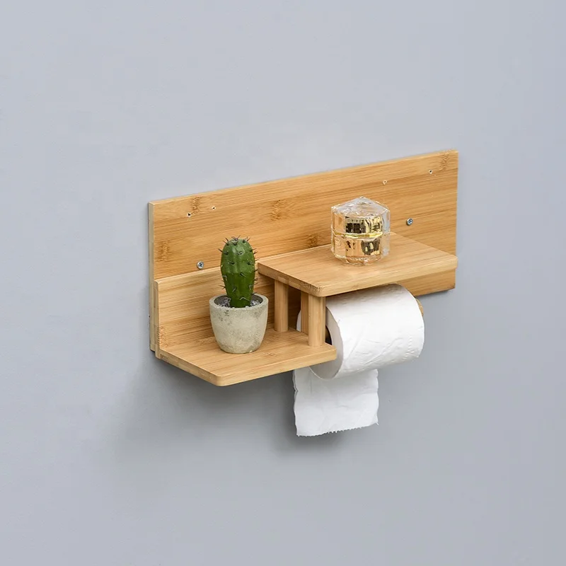 Bathroom Wall Mounted Easy Installation Wood Tissue Rolls Holder Bamboo Toilet Paper Holder with Shelf