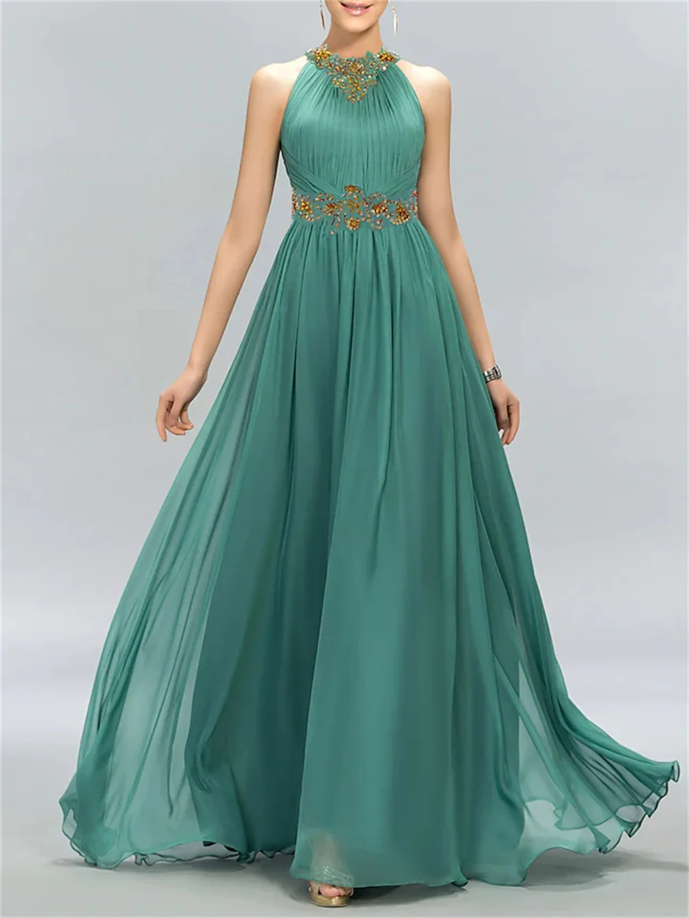 

A-Line Halter-Neck Floor-Length Chiffon Sleeveless Minimalist Wedding Guest Applique 2023 Temperament Engagement Formal Evening