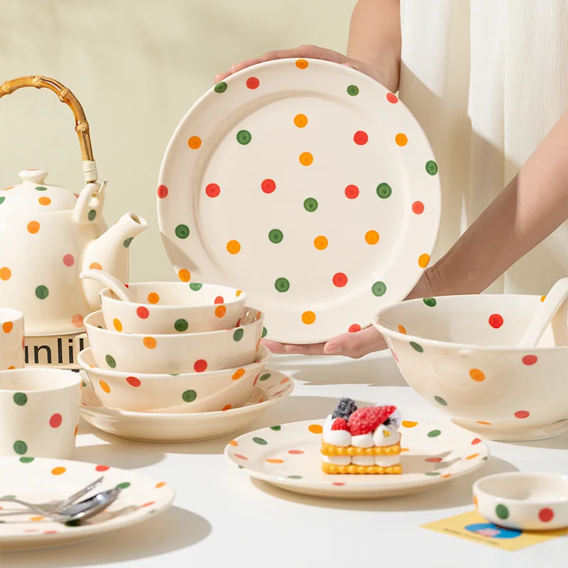 Vintage Polka Dot Bowls Plates Tableware High Aesthetic Value Ceramic Soup Bowls Plates Chopsticks Set