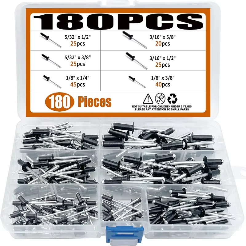 Rivets and Fasteners 180pcs Black Plated Aluminum Blind Rivets Set Mushroon Head Rivet Mandrel Blind Rivets Nail 3.2x8/3.2x10/4.0x10/4.0x13/5x14mm