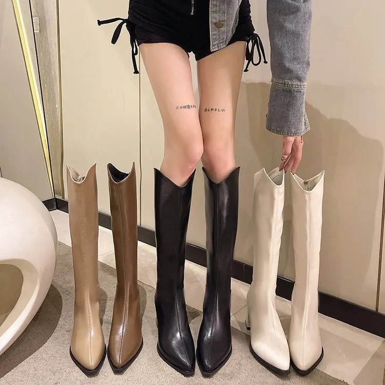 

Shoes Zipper Women Boots High Heels Winter Footwear Boots-Women Stiletto Rubber Over-the-Knee Ladies 2023 Pointy Autumn PU Fabri
