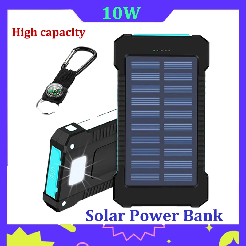 Solar Power Bank 50.000 mAh, draagbare oplader op zonne-energie met grote capaciteit en 4 USB-poorten, draadloze oplader, valbestendige powerbank met ledlicht, camping, outdoor