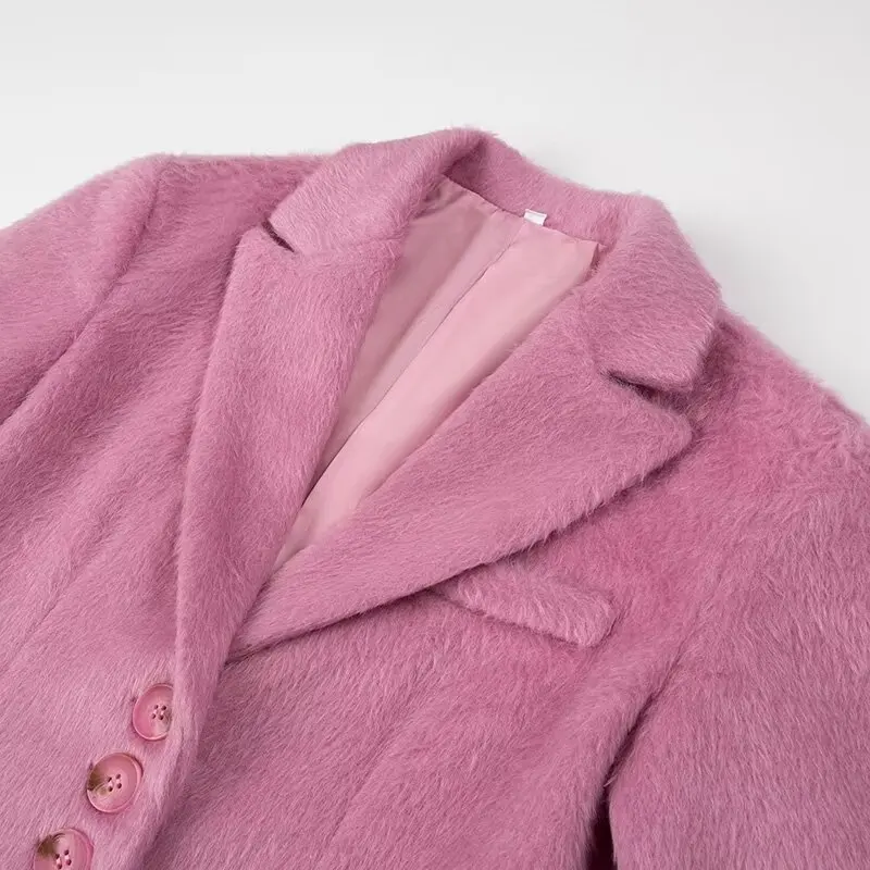 Streetwear Long Hairy Shaggy Blazer Boyfriend Vintage Women Front Pockets Loose Oversized Suit Fashion Coat Pink 4 colors