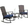 Outdoor Rocking Chair 3 Piece Porch Chairs PE Wicker Patio Bistro Set Brown Rattan Furniture Sets with Coffee Table, Navy 2