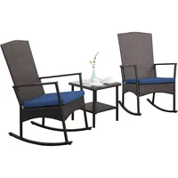 Outdoor Rocking Chair 3 Piece Porch Chairs PE Wicker Patio Bistro Set Brown Rattan Furniture Sets with Coffee Table, Navy 2